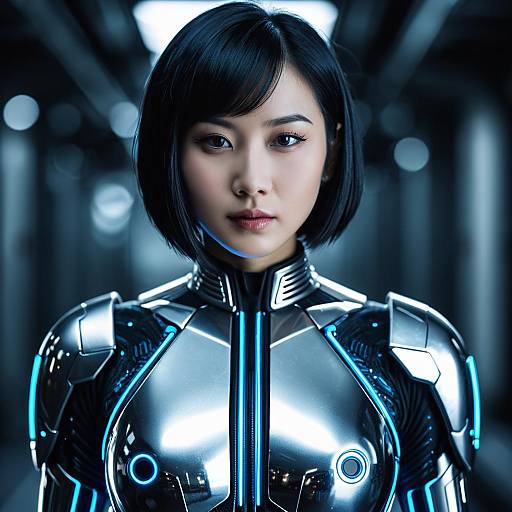 Asian Female Cyborg in Metallic Bodysuit