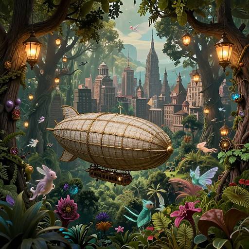 Fantastical digital artwork of a steampunk airship with a grid-patterned hull floating over a vibrant, flower-filled forest, with colorful butterflies