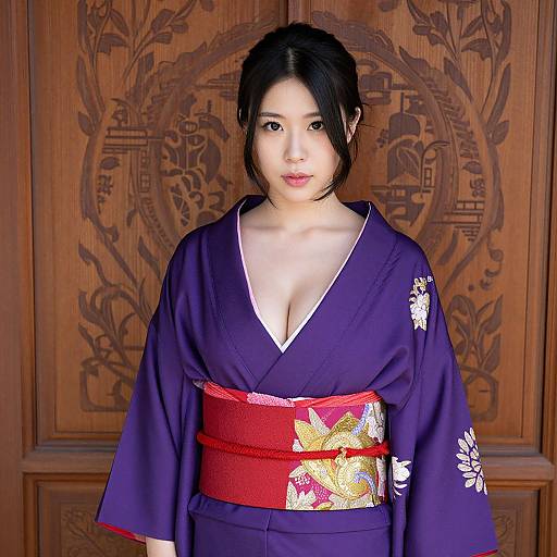 Photograph of an Asian woman with black hair, wearing a deep purple kimono with white floral patterns, and a red obi belt with gold embroidery