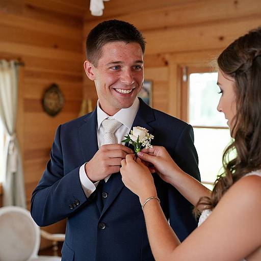 Groom Getting Boutonnière in Cabin