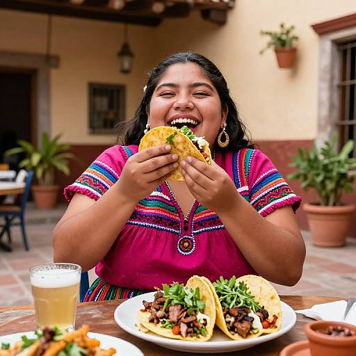 Photograph of a smiling woman with dark hair, wearing a colorful embroidered pink top, eating a taco at an outdoor patio table with two more tacos and