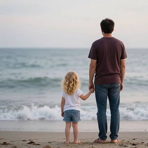 Photograph of a man and young blonde girl holding hands, facing ocean waves; man in dark shirt and blue jeans, girl in white shirt and denim