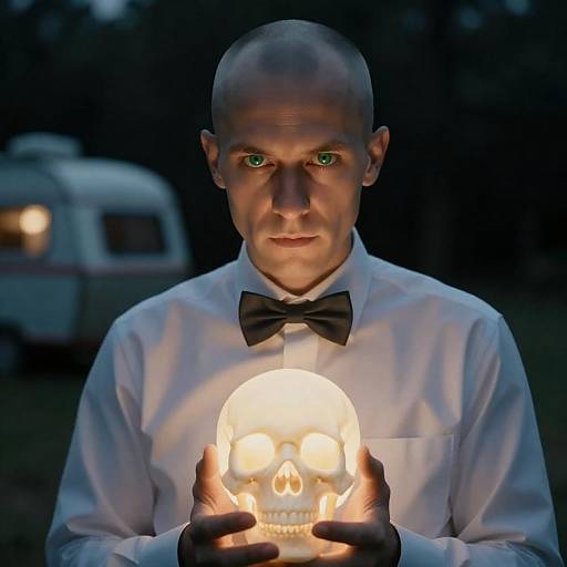 Intense Bald Man with Glowing Skull
