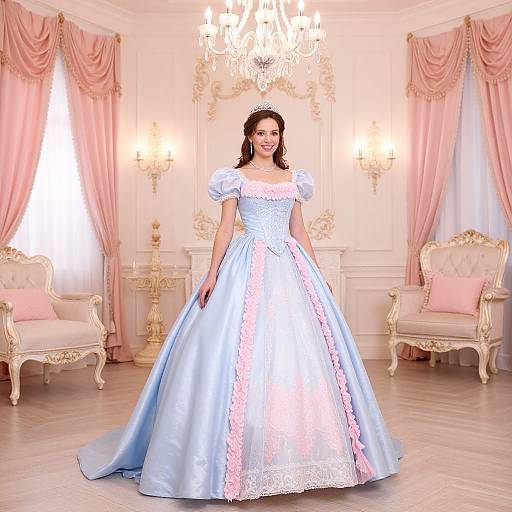Photograph of a smiling woman in a light blue, puffed-sleeve ball gown with pink trim, standing in a luxurious, pink-drap