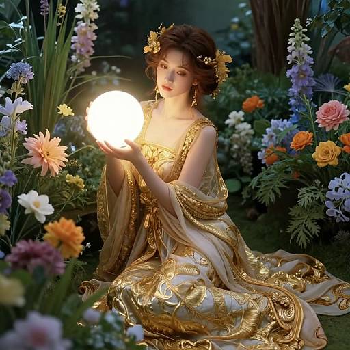Digital fantasy artwork of a fair-skinned woman with brown hair, golden floral headpiece, and ornate gold dress, holding a glowing orb in a