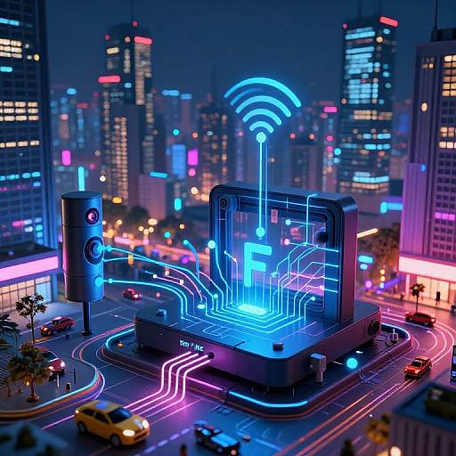 Neon-lit cyber cityscape with glowing, futuristic circuitry on a street intersection, surrounded by skyscrapers and colorful neon signs at night.