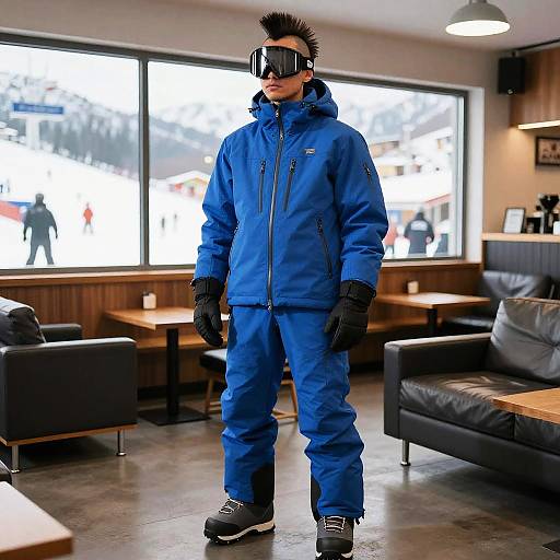 Person in Ultramarine Ski Outfit in Resort Lounge