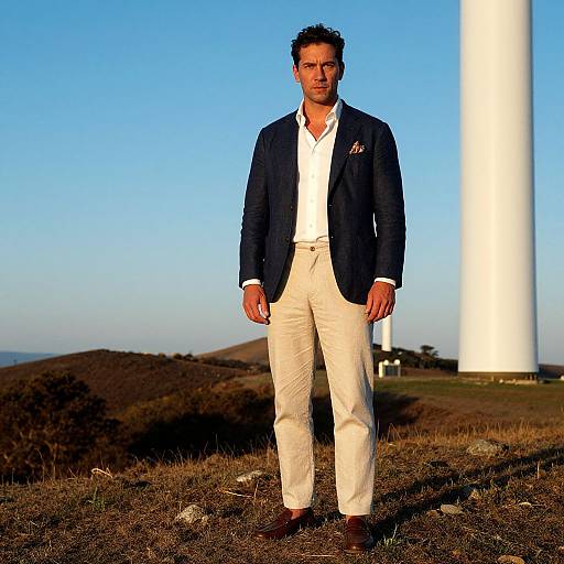 Photograph of a handsome man with short dark hair, wearing a navy blazer, white shirt, and beige pants, standing in front of a tall