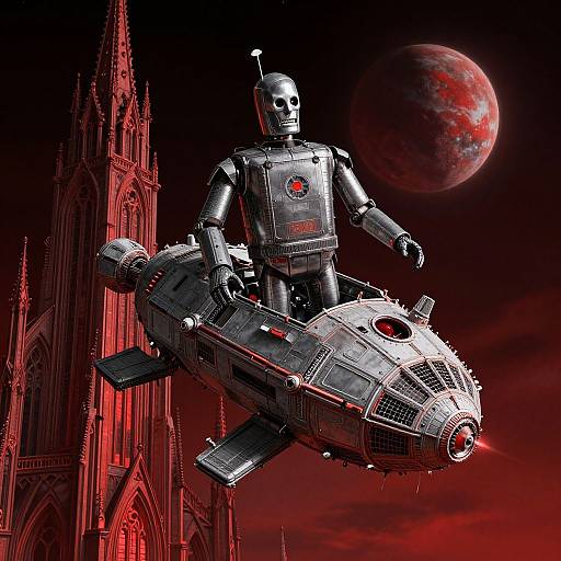 Digital artwork: Skeletal robot piloting futuristic spaceship with red accents, floating against Gothic cathedral and red-tinged planet in dark sky.