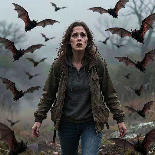 Photograph of a frightened woman with long brown hair, wearing a dark green jacket and blue jeans, running through a foggy, bat-filled forest.