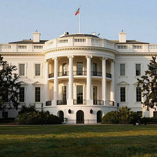Photograph of the White House, a grand white neoclassical building with large columns, an American flag on top, and lush greenery in