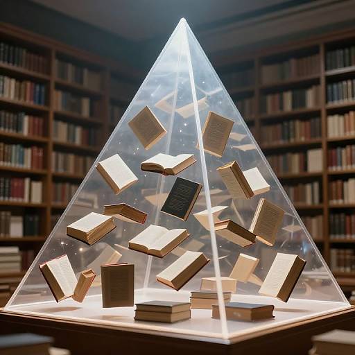 Photograph of a pyramid-shaped glass case in a library, containing floating, illuminated, open books with glowing edges. Background: filled bookshelves.