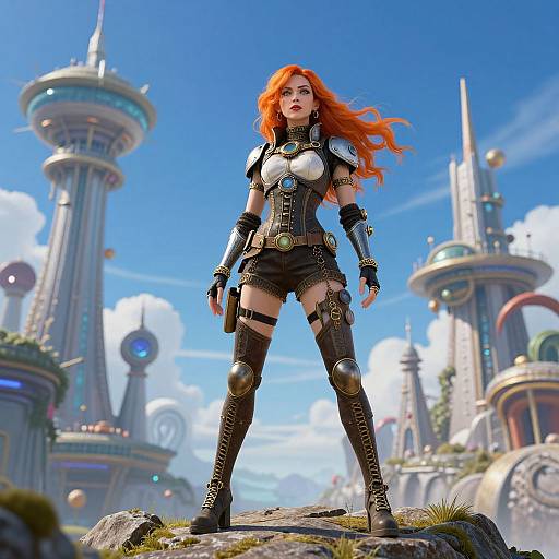 Digital artwork of a fierce, red-haired woman in futuristic armor standing on a rock, with towering, colorful cityscape buildings in the background under a bright