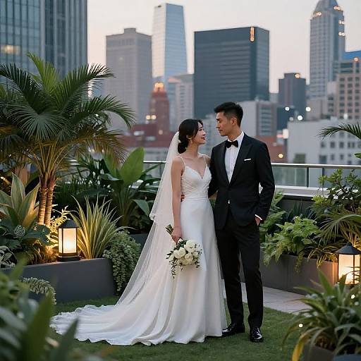 Photograph of a smiling Asian bride in a white, sleeveless wedding gown and veil, holding a bouquet, standing with her groom in a black t