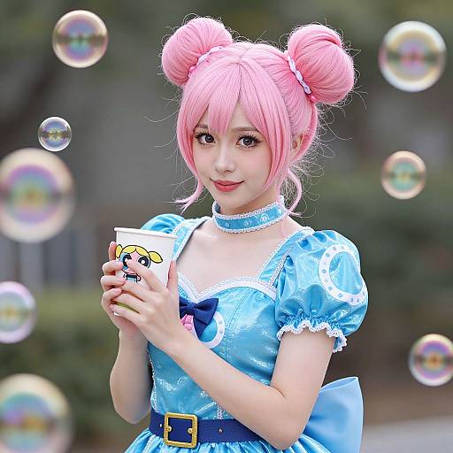 Photograph of a young Asian woman with pink hair in double buns, wearing a blue, puffy dress with white lace, holding a bubble-themed