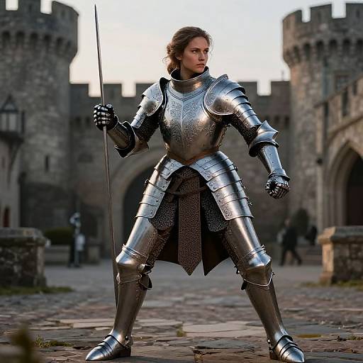 Photorealistic CGI of a determined, armored female knight with long brown hair, holding a sword, standing in a medieval castle courtyard.