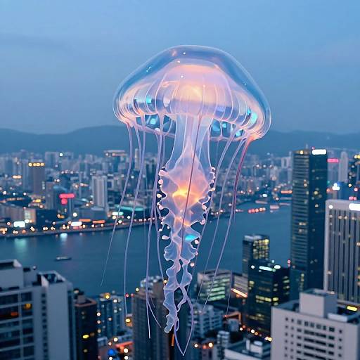 Photograph of a glowing, translucent jellyfish with long, flowing tentacles floating above a bustling, illuminated city skyline at dusk.
