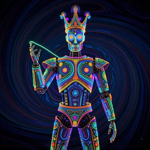 Glowing neon robotic figure with colorful lights, crown, and raised index finger against swirling dark blue background. Digital artwork.