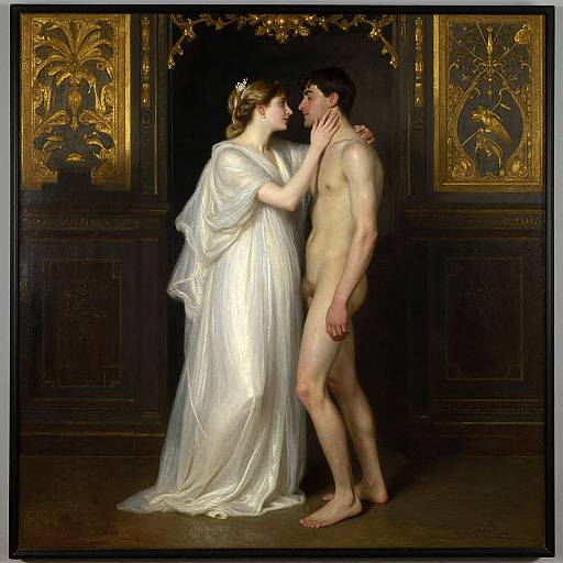 Classical painting of a fair-skinned, nude man with an erect penis, being tenderly touched by a white-gowned woman in an ornate