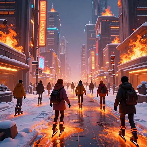 Digital art of a snowy urban street at night, with neon signs, fiery flames, and people walking in winter coats.