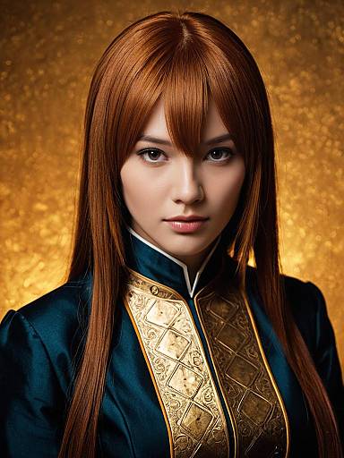 Digital portrait of a young Asian woman with long, straight auburn hair, wearing a black and gold embroidered jacket, against a golden textured background.
