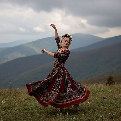 Photograph of a blonde woman in a red and black embroidered dress, dancing in a mountainous landscape with cloudy sky.