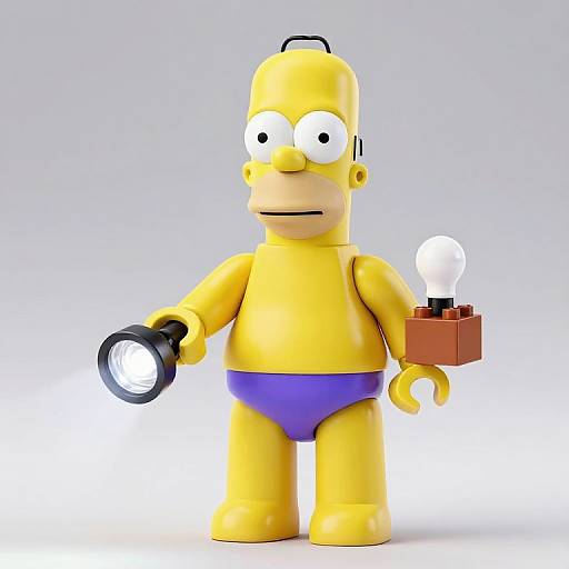 3D CGI image of yellow LEGO Homer Simpson in purple briefs, holding a flashlight in his left hand and a light bulb in his right hand against