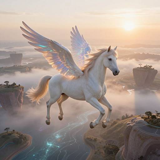 Digital artwork of a majestic white winged horse with glowing feathers flying over a misty, futuristic landscape with floating islands at sunrise.