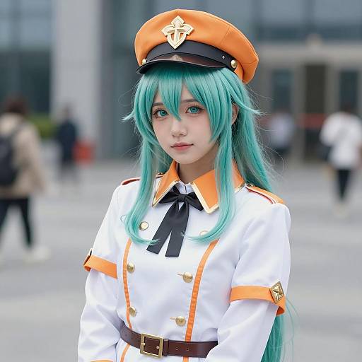 Cosplayer in White and Orange Uniform with Teal Hair