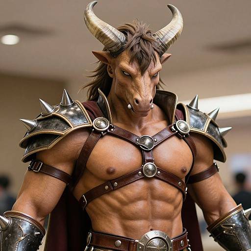 CGI image of a muscular, anthropomorphic minotaur with brown skin, horns, and intense gaze, wearing spiked armor and leather harness, standing