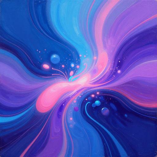 Abstract digital art: Swirling blue, purple, and pink waves with glowing pink and blue orbs, creating a cosmic, galaxy-like effect.