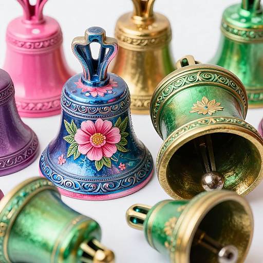 Photograph of colorful, ornate bells with floral patterns; blue bell with pink flower, green bell with yellow flower, pink and gold bells in background