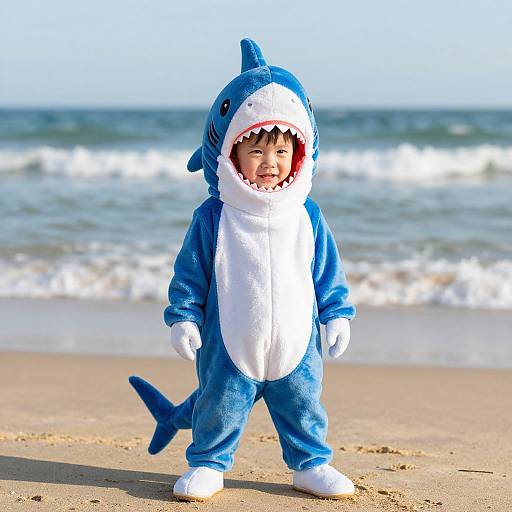 Photograph of a young child in a blue and white shark costume standing on a sandy beach with ocean waves in the background.