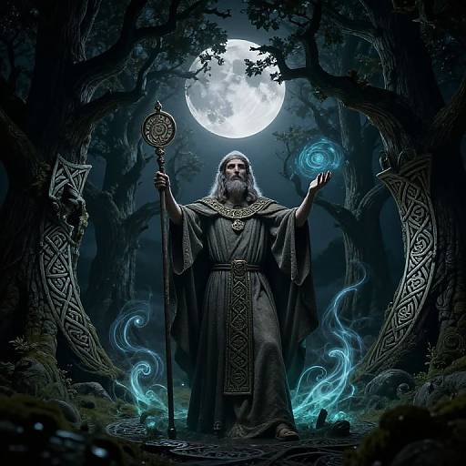 Magical wizard with long white beard stands under full moon, holding ornate staff, surrounded by glowing blue spirits in dark forest.