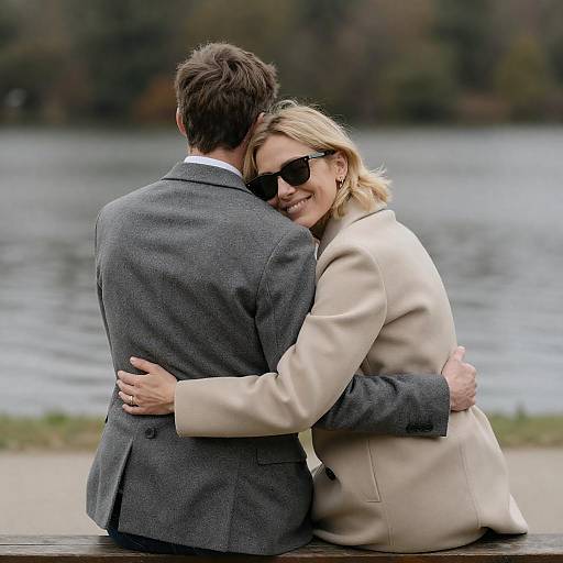 Lakeside Couple Embrace on Wooden Bench