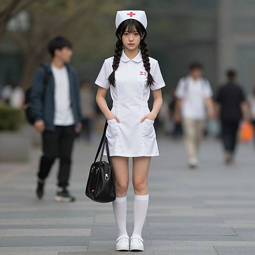 Photograph of an Asian woman in a white nurse outfit with braided hair, white knee-high socks, and black handbag, walking in a blurred