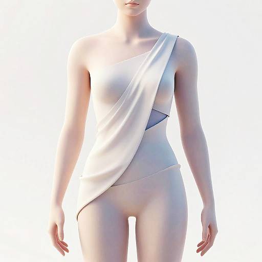 CGI image of a pale-skinned, faceless figure wearing a white, single-shoulder, asymmetrical cloth covering the chest and left hip