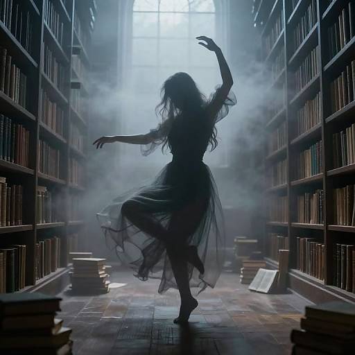 Silhouetted woman dances in misty library aisle, long flowing dress, arms raised, surrounded by towering bookshelves and scattered books. Digital