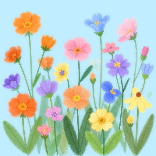 Watercolor painting of vibrant orange, pink, purple, and yellow flowers with green leaves, set against a light blue background.