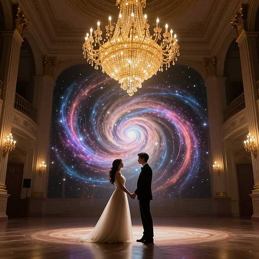 Photograph of a silhouetted bride in a white gown and groom in a black suit, holding hands under a grand chandelier, with a