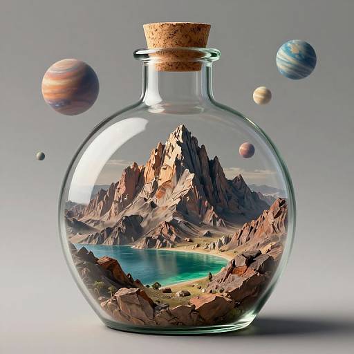 Photorealistic digital artwork of a glass bottle with a cork stopper, containing a detailed, colorful mountain landscape with a turquoise lake, surrounded by floating