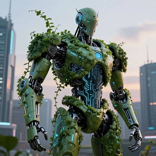 Photorealistic CGI of a futuristic, humanoid robot with green, plant-covered armor and glowing blue lights, standing in a cityscape at sunset.