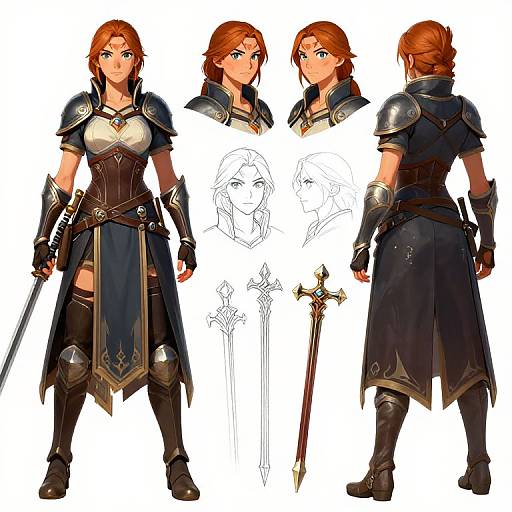 Digital character design of a red-haired, blue-eyed, armored warrior woman with multiple views, including front, back, and side profiles, holding a sword