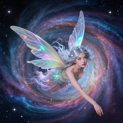 Digital art of a glowing fairy with iridescent wings, flowing silver hair, and a star-adorned headpiece, flying through a colorful,