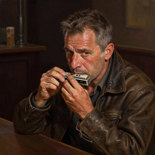 Photograph of a middle-aged man with gray hair and beard, wearing a brown leather jacket, smoking a cigarette in a dimly lit bar.