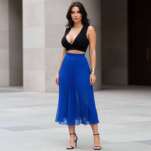 Photograph of a confident woman with long black hair, wearing a black deep V-neck top, blue high-waisted skirt, black heels, and