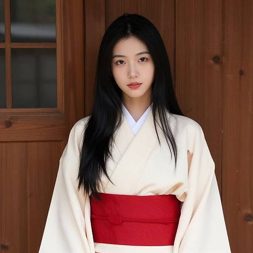 Photograph of an Asian woman with long black hair, wearing a white kimono with a red obi, standing in front of a wooden door.