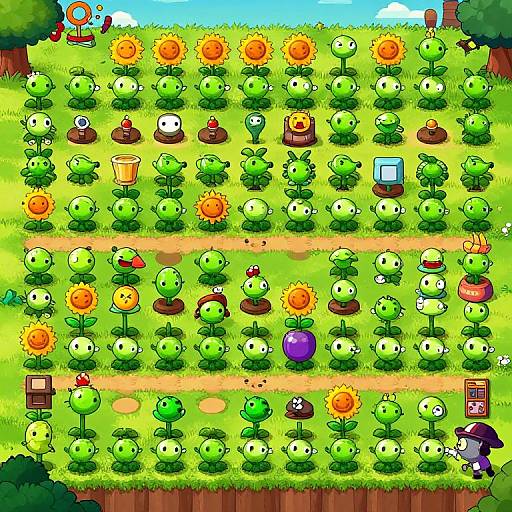 Colorful digital drawing of a sunflower farm with rows of green, sunflower-headed plants, various objects, and a purple-haired character in the bottom