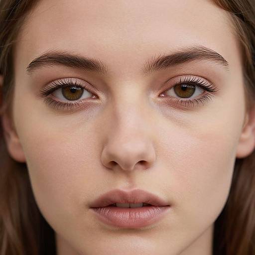 Close-up photograph of a young woman with fair skin, brown eyes, dark brown eyebrows, and light brown hair, showing a neutral expression.