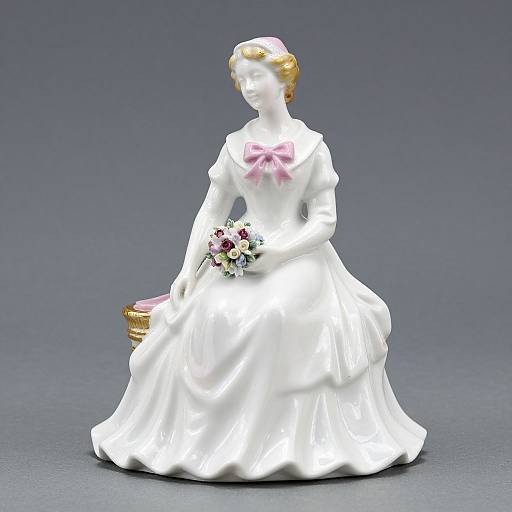 White ceramic bride figurine with gold hair, pink bow, holding flower bouquet, seated on gold book, against gray background.